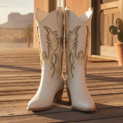 Tuhoomall Stylish Embroidered Knee High Boots, Suede Material, Low Chunky Heel, Perfect for Parties and Everyday Wear