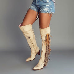 Tuhoomall Western Over Knee Boots with Fringe and Heart Pattern, Block Heel 2.76in, Zipper Closure, Faux Suede for Fashionable Boho Lifestyle