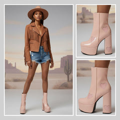 Tuhoomall Chunky Heeled Ankle Boots for Women, Heart Pattern, Zipper Closure, All-Season Fashion, Perfect for Parties and Travel