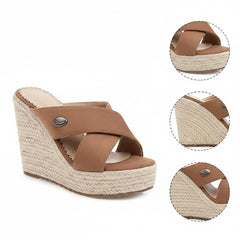 Tuhoomall Waterproof Wedge Sandals for Women, Ethnic Style, Slip-On, Casual Fashion, Rubber Sole, Suede-Like Upper, Perfect for Stylish Outings