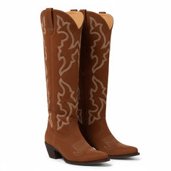 Tuhoomall Western Knee-High Boots for Fashion Casual Style with Embroidered Design and Chunky Heel, Ideal for Ranch and Outdoor Activities