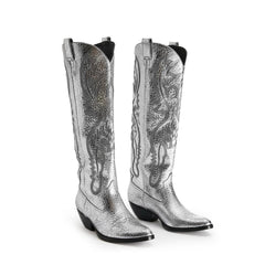 Tuhoomall Western Mid Calf Boots for Women, Embroidered Pointed Toe, Chunky Heel, Slip-On Design for Casual Style