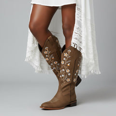 Tuhoomall Comfortable Floral Embroidered Western Boots for Women, Chunky Low Heel, Faux Suede with Rubber Sole, Perfect for Casual and Office Wear