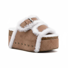 Tuhoomall Blue Faux Suede Fur-Lined Studs Double Buckle Strap Round Platform Cork Sandals Slippers