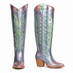 Tuhoomall Western Cowgirl Mid Calf Boots with Snip-Toe and Chunky Heel for Fashion Parties and Performances, Animal Pattern, Metallic Bright Surface Tuhoomall