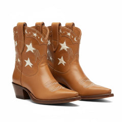 Tuhoomall Western Cowboy Ankle Boots for Women, Vegan Leather, Chunky 2" Heel, Snip Toe Design, Stylish Star Appliqué, All-Season Fashion