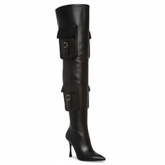 Tuhoomall Over-The-Knee Fashion Boots for Women, High Heels 9.5cm, Zipper Closure, Solid Color with Pocket and Metal Buckle, Perfect for Parties and Performances