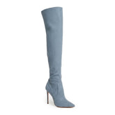 Tuhoomall Stiletto Over-The-Knee Boots for Women, Pointed Toe Denim Fabric, 4-Inch Heel, Fashionable Party & Performance Wear