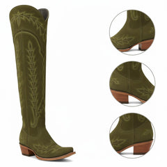 Tuhoomall Western Knee High Boots for Women, Floral Embroidery, Rubber Sole, Adjustable Buckle, Chunky Heel, All-Season Casual Wear