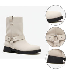 Tuhoomall Western Cowboy Ankle Boots for Women, Vintage Chunky Heel Booties, Easy Slip-On Design, All-Weather Comfort with Metal Buckle Detail