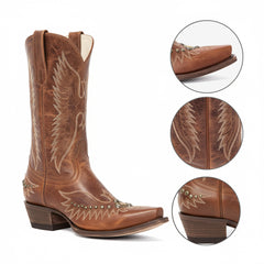 Tuhoomall Western Cowboy Boots for Women - Vintage Casual Style with Embroidery and Studs - Easy Slip-On Design for All Seasons