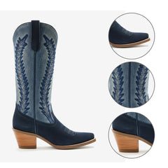 Tuhoomall Western Cowboy Boots for Women, Embroidered Design, Stylish Casual Mid-Calf Booties, Chunky Heel, Versatile for All Seasons