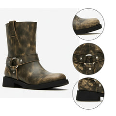 Tuhoomall Western Cowboy Ankle Boots for Women, Vintage Chunky Heel Booties, Easy Slip-On Design, All-Weather Comfort with Metal Buckle Detail