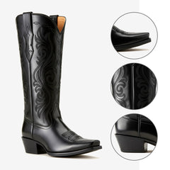 Tuhoomall Western Knee High Cowboy Boots for Women, Fashionable Casual Outdoor, Embroidered Design, Chunky Heel, Slip-On Style