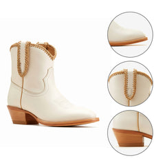 Tuhoomall Comfortable Western Style Ankle Boots for Women, Casual Workwear, Round Toe, Chunky Heel, Seasonless, Woven Colorblock Design