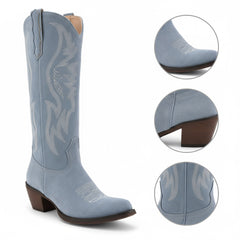 Tuhoomall Western Embroidered Pointed Toe Chunky Heel Slip-On Mid Calf Boots for Women, Retro Casual Style, Perfect for Weddings and Everyday Wear