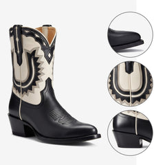Tuhoomall Stylish Women's Ankle Boots with Embroidery and Laser Cut Out, Perfect for Parties and Performances, Comfortable Chunky Heel Design