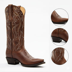 Tuhoomall Western Vintage Floral Embroidered Mid-Calf Cowboy Boots with Chunky Heel for Fashionable Casual Style