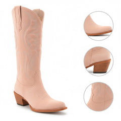 Tuhoomall Western Embroidered Pointed Toe Chunky Heel Slip-On Mid Calf Boots for Women, Retro Casual Style, Perfect for Weddings and Everyday Wear