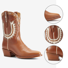 Tuhoomall Stylish Women's Ankle Boots with Embroidery and Laser Cut Out, Perfect for Parties and Performances, Comfortable Chunky Heel Design