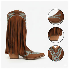 Tuhoomall Western Cowboy Boots for Women with Fringe, Embroidery and Studs - Stylish Casual Party Footwear with Chunky Heels