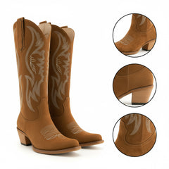 Tuhoomall Western Embroidered Pointed Toe Chunky Heel Slip-On Mid Calf Boots for Women, Retro Casual Style, Perfect for Weddings and Everyday Wear