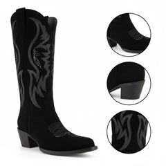 Tuhoomall Western Embroidered Pointed Toe Chunky Heel Slip-On Mid Calf Boots for Women, Retro Casual Style, Perfect for Weddings and Everyday Wear