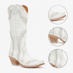 Tuhoomall Western Cowboy Boots for Women, Stitched Design, Fashion Casual Style, Chunky Heel, Mid-Calf Length, All-Season Wear