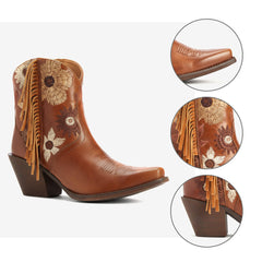 Tuhoomall Western Cowboy Ankle Boots for Women, Fashionable Floral Embroidered Short Booties, Casual Spring Autumn Winter Wear Tuhoomall