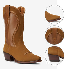 Tuhoomall Western Style Casual Ankle Boots for Women, Comfortable Pointed Toe Chunky Heels, Woven Faux Suede, All-Season Fashion Footwear