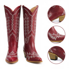 Tuhoomall Embroidered Mid-Calf Ankle Boots for Women | Stylish 5cm Block Heels, Slip-On Design for Parties and Casual Wear