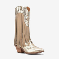 Tuhoomall Western Style Mid Calf Boots with Fringe and Studs - Comfortable Slip-On Design for Parties and Casual Outings