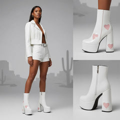Tuhoomall Chunky Heeled Ankle Boots for Women, Heart Pattern, Zipper Closure, All-Season Fashion, Perfect for Parties and Travel