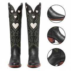 Tuhoomall Western Knee High Boots With Rubber Sole, 5cm Chunky Heel, Embroidered Sweet Pink Hearts For Casual Fashion All Year Round