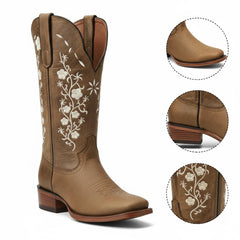 Tuhoomall Comfortable Western Boots for Women with Embroidery, Rubber Sole, Chunky 5cm Heel - Fashionable Casual Footwear for All Seasons