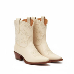 Tuhoomall Western Cowboy Ankle Boots for Women, Vegan Leather, Chunky 2" Heel, Snip Toe Design, Stylish Star Appliqué, All-Season Fashion