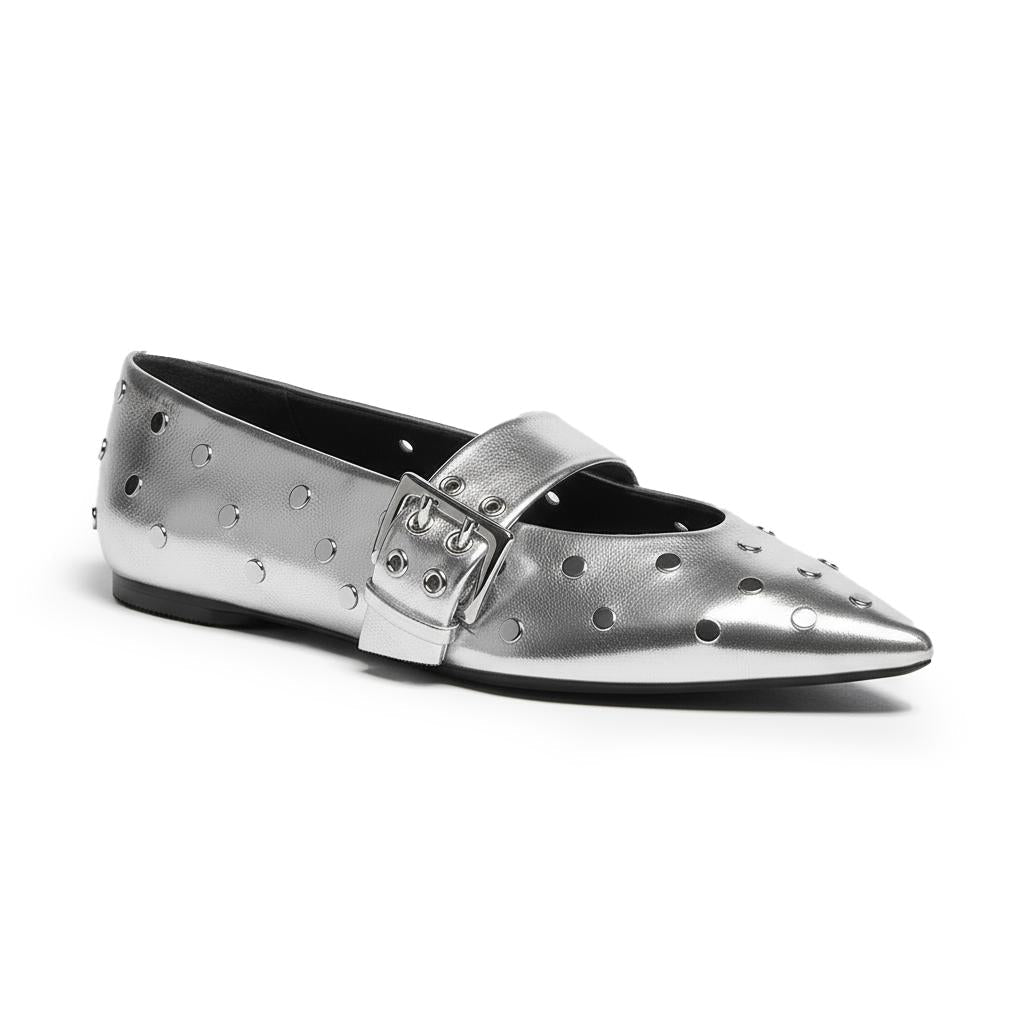 Tuhoomall Comfortable Pointed-Toe Flat Shoes with Adjustable Buckle for Casual Party Style - Studded Genuine Leather Upper, Rubber Sole Tuhoomall