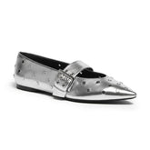 Tuhoomall Comfortable Pointed-Toe Flat Shoes with Adjustable Buckle for Casual Party Style - Studded Genuine Leather Upper, Rubber Sole