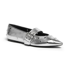 Tuhoomall Comfortable Pointed-Toe Flat Shoes with Adjustable Buckle for Casual Party Style - Studded Genuine Leather Upper, Rubber Sole