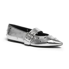Tuhoomall Comfortable Pointed-Toe Flat Shoes with Adjustable Buckle for Casual Party Style - Studded Genuine Leather Upper, Rubber Sole Tuhoomall