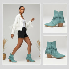Tuhoomall Western Ankle Boots for Women, Fringed Design, Casual Fashion, Chunky Heel 2.36 in, Zipper Closure, All-Season Comfort