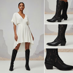 Tuhoomall Knee-High Boots With Lace-Up Design, Pointed Toe, Rubber Sole, Vintage Style, Embroidered Mesh, Casual All-Season Footwear