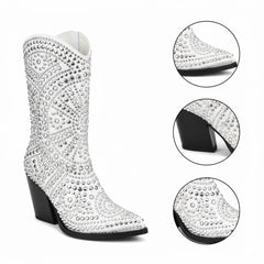 Tuhoomall Western Style Chunky Heel Boots for Women, 10cm Faux Suede with Rivet and Rhinestone Accents, Easy Zipper Closure for Parties and Performances