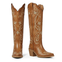 Tuhoomall Tuhoomall Western Knee-High Boots for Women, Floral Embroidered Design, Perfect for Parties, Office, and Casual Wear, 7.5 cm Classic Mid Chunky Heel