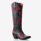 Tuhoomall Western Floral Embroidered Knee-High Boots with 5.5cm Chunky Heel for Casual and Party Wear, Stylish Slip-On Design, Durable Rubber Sole