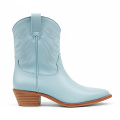 Tuhoomall Metallic Cowboy Ankle Boot with Chunky Block Heel, Pointed Toe, Embroidered Design for Casual Fashion Use, Vegan Leather, All Seasons