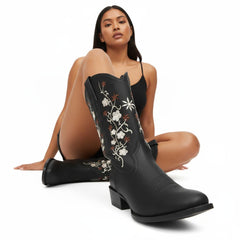 Tuhoomall Comfortable Western Boots for Women with Embroidery, Rubber Sole, Chunky 5cm Heel - Fashionable Casual Footwear for All Seasons