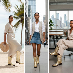 Tuhoomall Metallic Western Ankle Boots for Women - Stylish Slip-On Design with Embroidered Floral Pattern, Casual All-Season Footwear