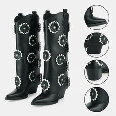 Tuhoomall Western Cowboy Knee High Boots for Women - Floral Pattern, Foldable Design, Chunky Heel, Perfect for Fashion, Outdoor and Casual Wear Tuhoomall