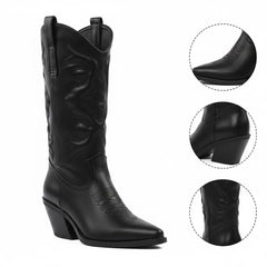 Tuhoomall Comfortable Western Boots for Women – 6cm Low Chunky Heel, Slip-On Design with Floral Embroidery - Fashionable All-Season Style